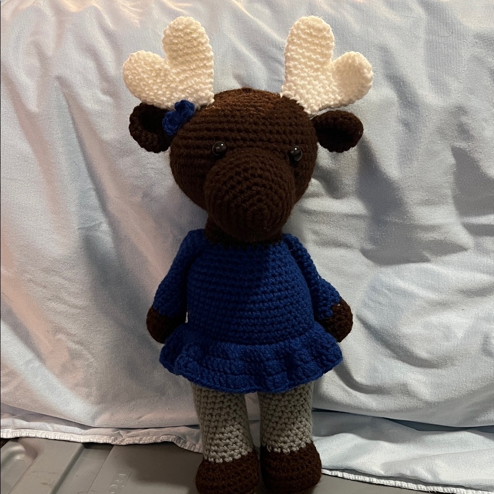 Handmade Brown and Blue Moose Plush Toy